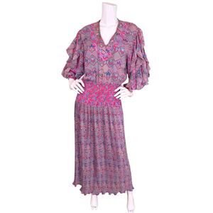 Susan (Diane) Freis Vintage 80's Dress Frilly Ruffle Sleeve Smocked Midi Medium